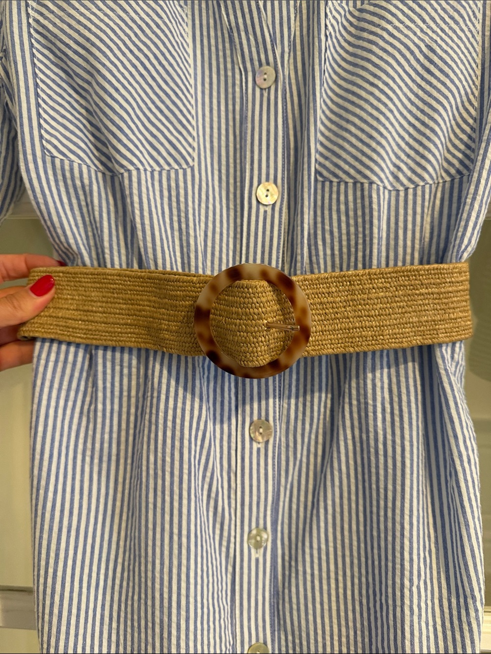 Zara Striped Button-Front Shirt Dress in Light Blue with Belt - Picture 4 of 6